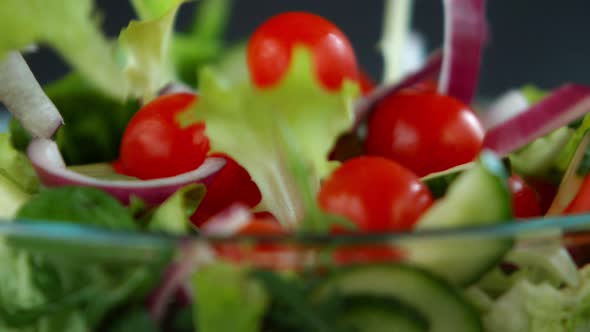 Fresh Salad Flying to Bowl in Super Slow Motion alt