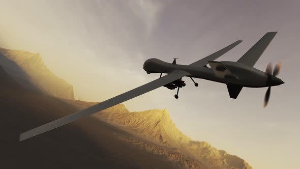 Advanced armed military drone (UAV) flying smoothly over a vast desert. 4K