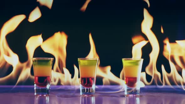 Cocktails on Fire on a Bar