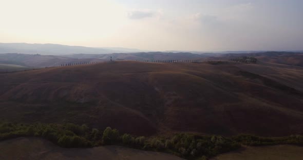 Aerial, Gorgeous View On Plowed Fields Landscape And Rows Of Cypress Trees In Tuscany