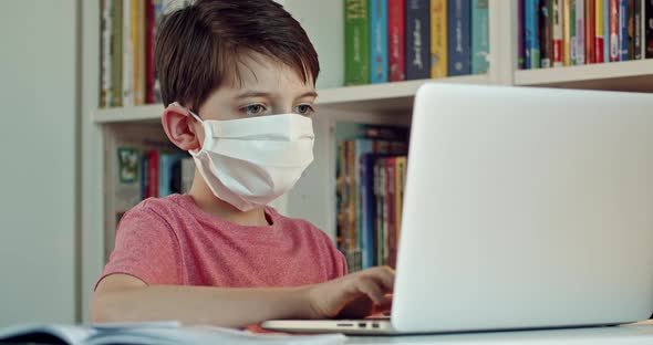 Boy Wearing Face Protection Mask Using Laptop alt