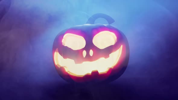 Halloween Pumpkin glowing by candle in dark smoke atmosphere alt