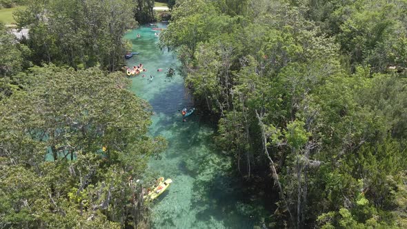 Beautiful turquoise water in Three Sisters spring, Florida near Crystal river, aerial view alt