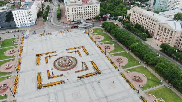 Top Aerial View Over the Fountain on the Square Russia Khabarovsk Lenin Square