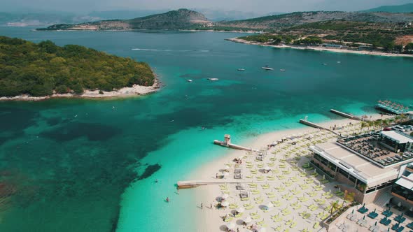 Aerial View Exotic Beach with Turquoise Water in Albania Ksamil Islands alt