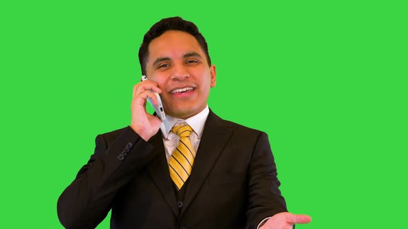 Smiling Excited Businessman Hispanic Ethnicity Talk on Mobile Phone Call Successful Boss Speaking on