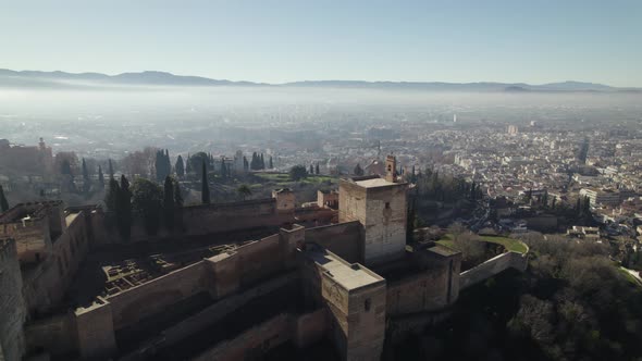 Aerial panoramic view over magnificent palace and fortress complex of Alhambra. Granada, Spain