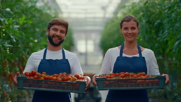 Couple Farmers Holding Tomatoes Crate at Modern Agriculture Plantation House alt