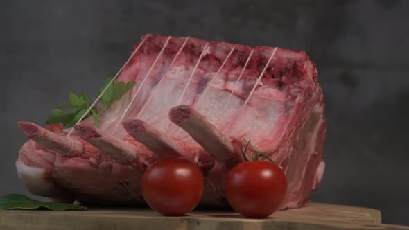 Pork ribs on turntable, Roasted pork ribs with bone, Entrecote, Roasted fresh meats