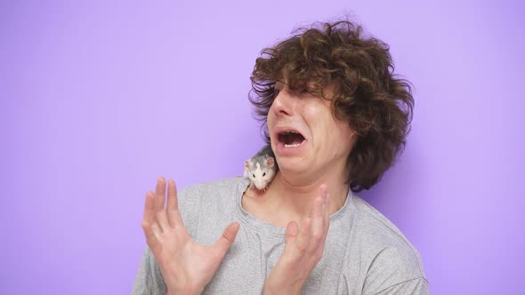 A Man with Curly Hair with a Pet Ratmouse on an Isolated Background in the Studio alt