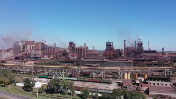 Metallurgical plant with blast furnace. Drone aerial view