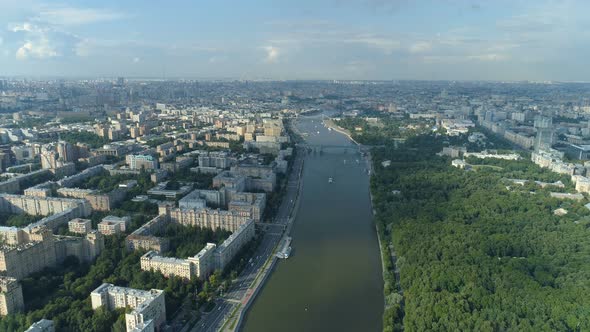 Aerial View of Moskva River, Gorky Park and Moscow Cityscape