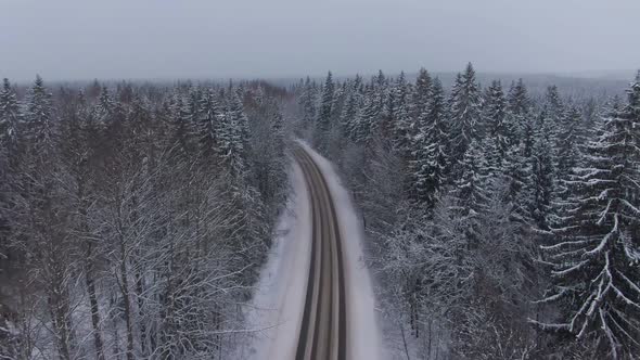 the Car Drives on a Winter Road Among a Snowy Forest