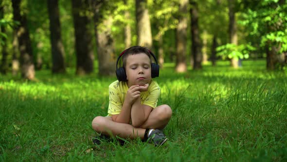 Caucasian boy listens to music in headphones while enjoying music in the park.  alt