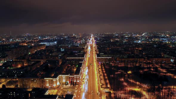 Hyperlapse Night Traffic on Moscow Avenue, Saint Petersburg Russia