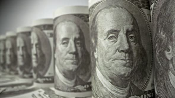 American one hundred dollar paper banknote in close up macro view dolly shot. alt