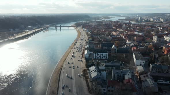 AERIAL: Kaunas City Panorama with Nemunas River alt