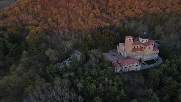 Aerial view of valley in autumn in Wisconsin.  Religious shrine nestled into mountain.