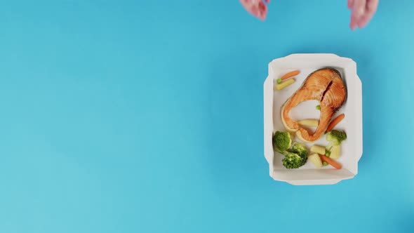 Food Delivery Top View Take Away Meals in Disposable Containers on Blue Background alt