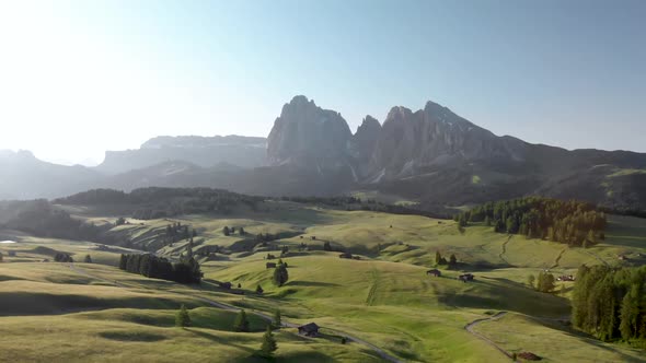 Panoramic Aerial Shot of Alpe di Suisi Alpine Meadow in Dolomites Mountains Italy