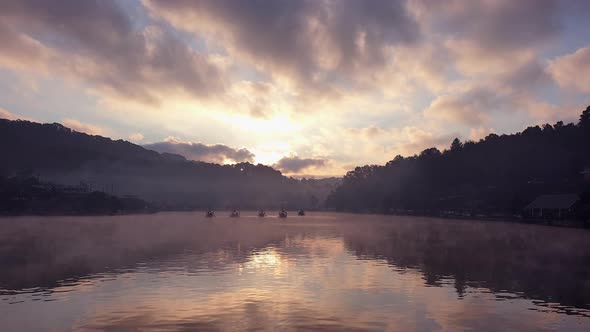 Morning Sunrise Boat Rafting On Moving Fog Over Lake Surface Wild Nature Slowmotion