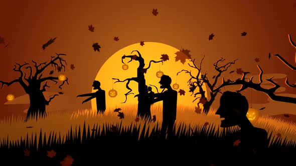Zombie walking on the haunted graveyard with dark silhouettes of spooky trees.