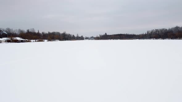 Aerial Kharkiv, frozen white winter Lopan river