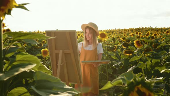 A Woman is Standing in a Field of Sunflowers and Drawing a Picture alt