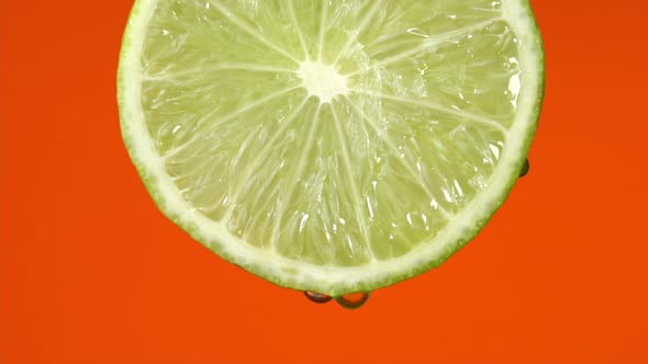 Water drops falling from juicy lime on red background. Lime slice and water splashing, drops alt