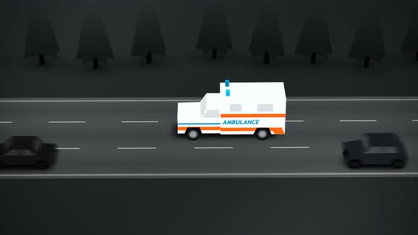 A busy highway.An ambulance with the flashing lights on the emergency call alt