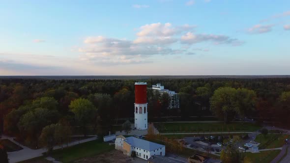 Kemeri Water Tower With Latvian Flag in the Kemeri Resort Park in Jurmala, Latvia. alt