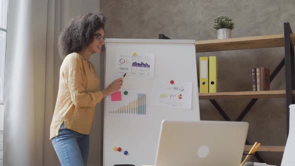 African American Female Holds a Conference with Paperwork Documents and Reports By Video Call From alt