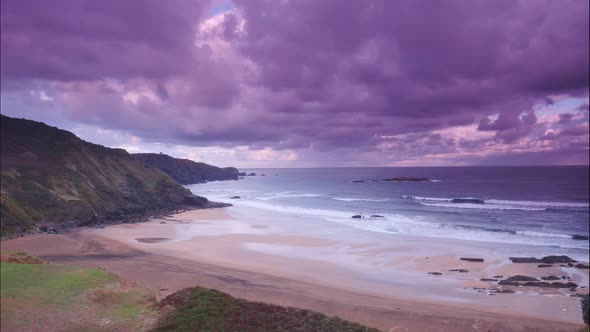 Asturias Coast with Carniciega Beach, Spain. Timelapse alt