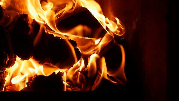 Close-up Shot of Hot Fireplace Full of Dry Firewood, Warm Cozy Burning Fire in a Brick Furnace the