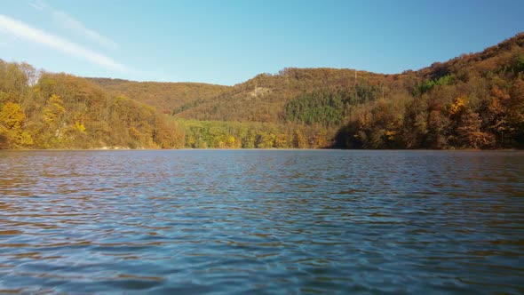 Lake and autumn forest drone view