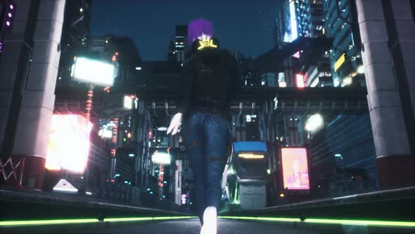 Girl Walks Through The Futuristic City