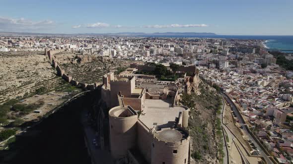 Flyover Almería Alcabaza fortified walls, Cityscape as Background, Andalusia alt