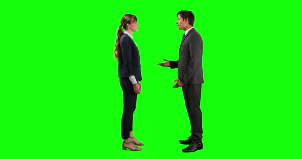 Side view of business people making a deal and shaking their hands with green screen alt