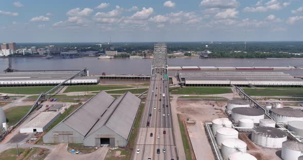 Aerial of cars driving over the Horace Wilkinson Bridge in Baton Rouge, Louisiana alt