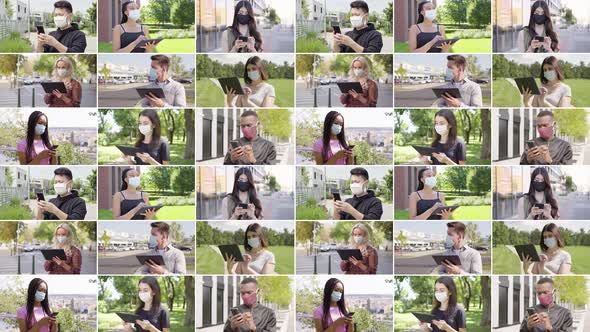 Compilation  Group of Multicultural People with Face Mask Works on Smartphones and Tablets alt