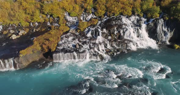 Hraunfossar and Hvita River in Autumn Iceland Aerial View alt