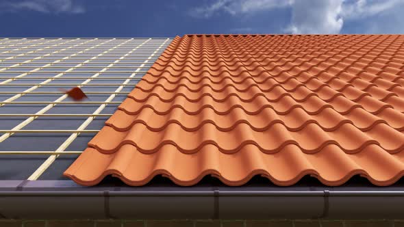 Loopable animation of a house with the clay tiled roof being gradually built alt