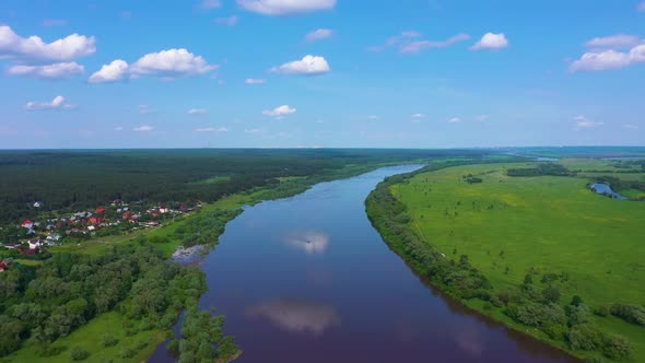 Oka River, Meadow and Forest on Sunny Summer Day, Russia, Aerial View alt