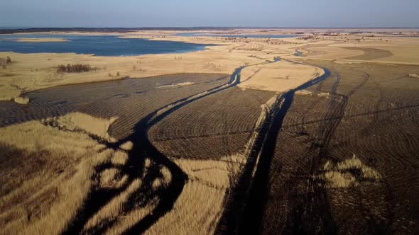 Aerial view of the lake overgrown with brown reeds, lake Pape nature park, Rucava, Latvia, sunny spr alt