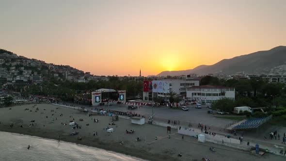 Foggy Sunset at sea aerial view 4 K Turkey Alanya alt