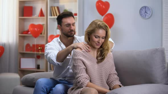 Male Massaging Ladys Neck Couple Having Foreplay Celebrating Valentines Day alt