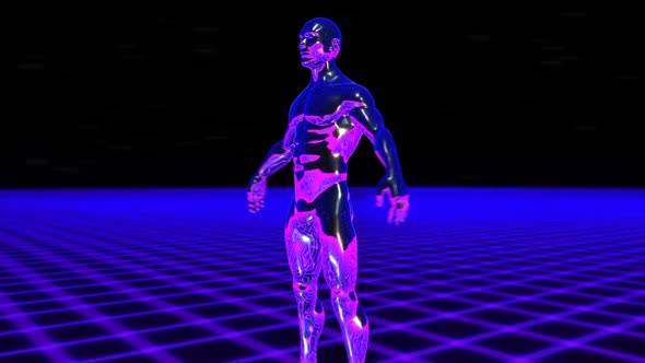 Retrofuturistic metal man with a grid laser landscape