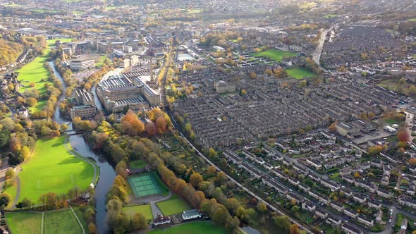 Aerial footage taken in the small town of Shipley in the City of Bradford, West Yorkshire