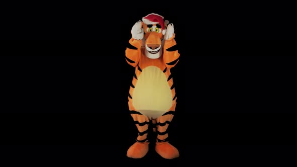 Man in Tiger Costume with Red Hat is Playing with His Paws Covering Eyes alt