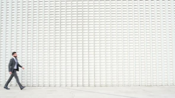 Slow motion young bearded elegant business man walking outdoor alt